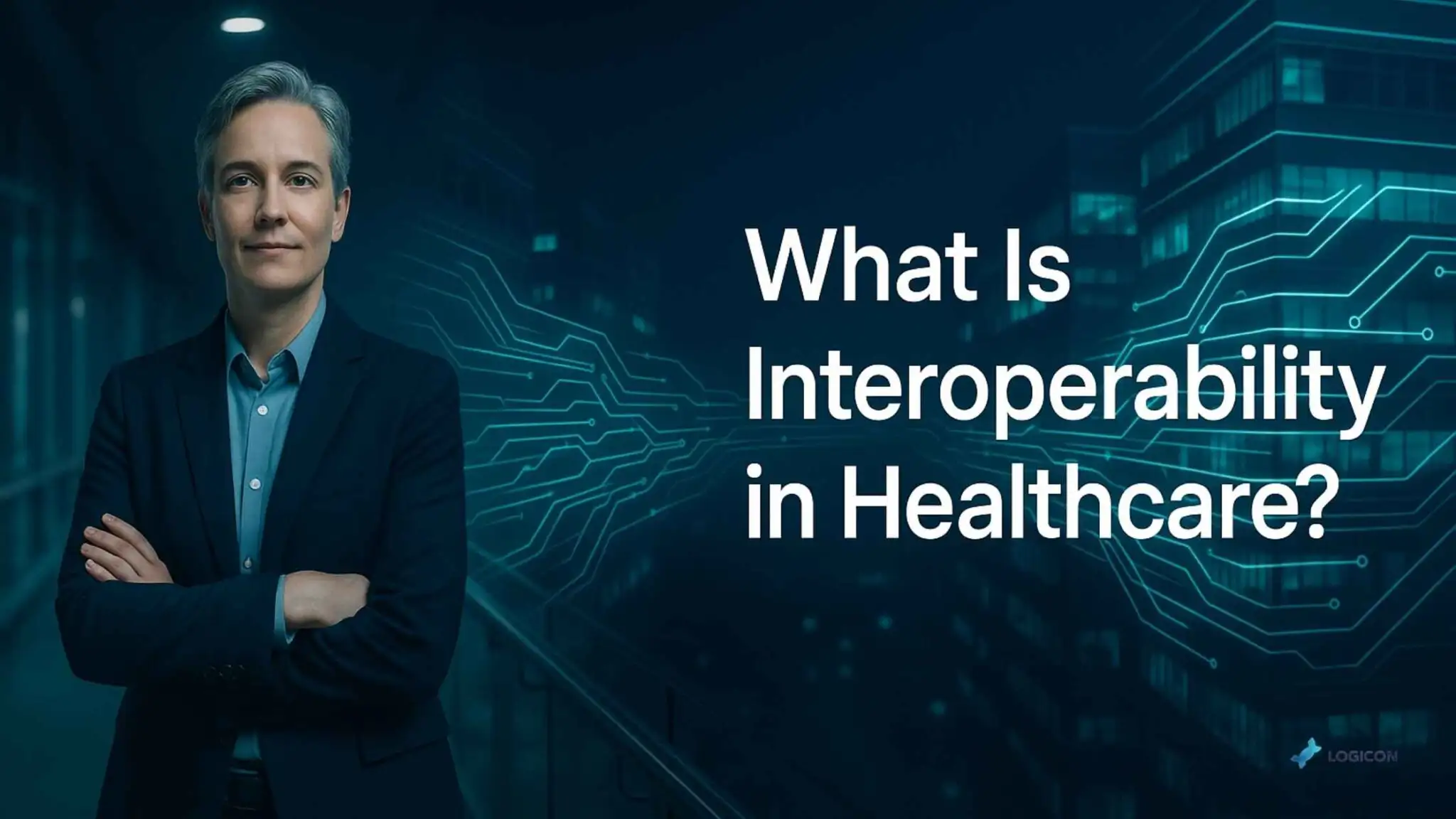 Hospital executive on a skybridge symbolizing healthcare interoperability